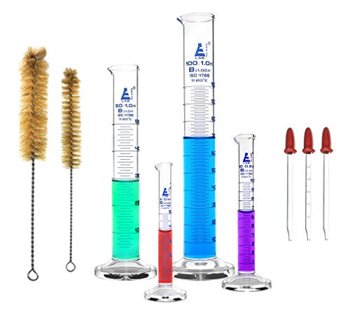 Graduated Cylinder Set, 9 Pieces - Class B - 5Ml, 10Ml, 50Ml, 100Ml Thick Borosilicate 3.3 Glass Cylinders, 3 Glass Droppers, 2 Cleaning Brushes - Eisco Labs #TOP10