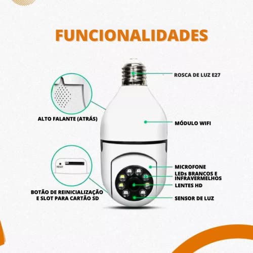 Camera Lâmpada Giratoria 360º Wifi, Lampada Inteligente Segurança Externa Hd 1080P, Câmera de Base E