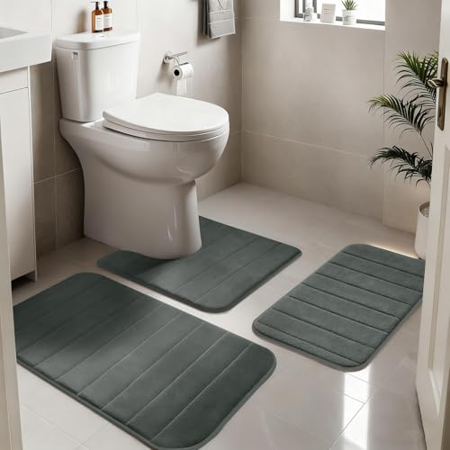 NAKIHOUSE 3 Piece Non-Slip Bath Mat Set, Luxury Thick Memory Foam Bathroom Rugs, Water Absorbent Soft Shower Mat Machine Washable Toilet Mat for Bathroom Floor, Gray