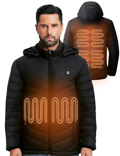 YHQ Heated Jackets for Men with 12V 20000mAh Battery Pack, 6 Heating Zones, Men's Heated Jacket Ideal for Winter Cycling, Skiing, Camping and Fishing XL Black