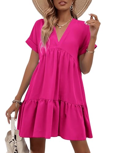 Image of WDIRARA Women's Roll Up Short Sleeve V Neck Ruffle Hem Solid Swing Smock Dress