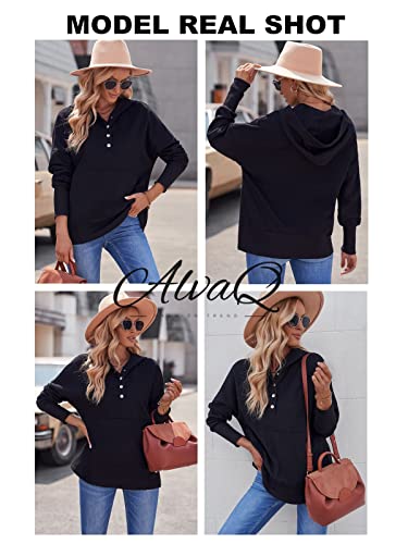 Alvaq Women Black Sweatshirt V Neck Long Sleeve Button Up Pullover Hoodies Oversize Hooded Tops With Pocket Fashion 2023 Black Medium #TOP3