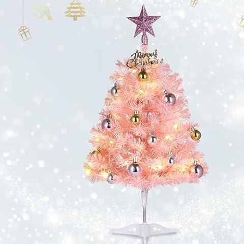 Small Pink Christmas Tree, 2ft Mini Christmas Tree, Artificial Small Desktop Xmas Tree with Lights and Tree Ornaments, for Christmas Thanksgiving Decorations Cover
