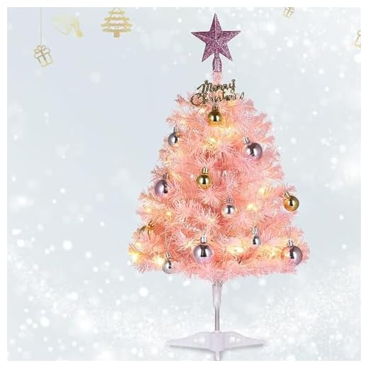 Small Pink Christmas Tree, 2ft Mini Christmas Tree, Artificial Small Desktop Xmas Tree with Lights and Tree Ornaments, for Christmas Thanksgiving Decorations