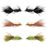 Woolly Bugger Fly Fishing Kit for Trout and Bass | Beadhead Streamer Flies in Black Olive Brown | Mixed Pack Sizes and Hook Sizes 6 8 10 | Wet Flies for Rivers Lakes Streams (6 Pack – Size 10)