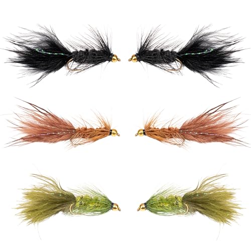 Woolly Bugger Fly Fishing Kit for Trout and Bass | Beadhead Streamer Flies in Black Olive Brown | Mixed Pack Sizes and Hook Sizes 6 8 10 | Wet Flies for Rivers Lakes Streams (6 Pack Size 8)