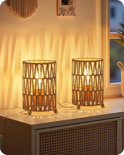 GOEBLESON Kleine Nachttischlampe 2er Set, Boho Tischlampe Rattan mit...