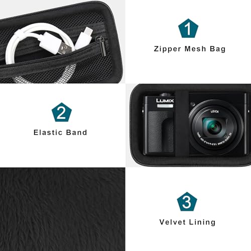 Canboc Carrying Case for Panasonic LUMIX ZS99/ LX10/ ZS80/ ZS100/ ZS70/ ZS200/ ZS60 4K Digital Camera, Point and Shoot Camera Bag, Zipper Mesh Pocket fits USB Cable, Batteries, Black
