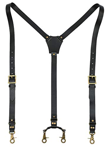 Leather Suspenders For Men Black Shiny Genuine Leather Belt Loop, 4 Snap Hooks