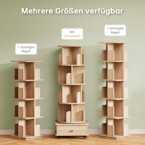 Nordivale Drehbares Bücherregal 360° Frei, Bücherregal Drehbar Farbe Naturholz, Bücherregal Kinder mit rollbar & extra Unterschublade… – Ansicht 6