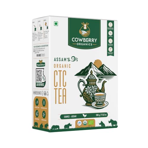 Image of COWBERRY Organic Assam CTC Tea Organic Chai Patti 500 g, Hand-Picked Strong Blend, Lab-Tested 252+ Banned Pesticides, NPOP USDA EU Certified, No Additives & Preservatives