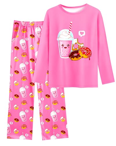 Girls Pajamas Long Sleeve Pants 2PCS Pink Doughnut Pajama Sets Pjs Sleepwear Lounge for Tween Teen Kids Size 10-12
