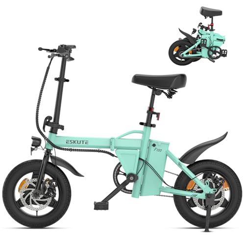 ESKUTE F100 E-Bike Klapprad, 14 Zoll Elektrofahrrad mit USB-Ladeanschluss für Handy, 250W EU-konformes Elektrofahrräder, Integrierter 36V 9Ah Akku, Reichweite bis 35-60KM, Blaugrün