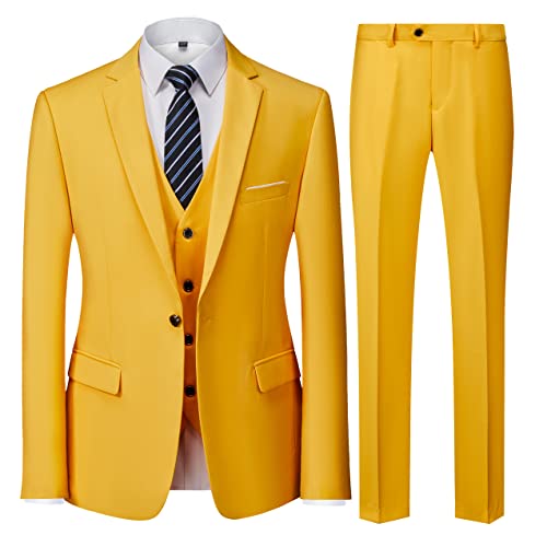Uninukoo Men Suits Slim Fit 3 Piece 1 Button Wedding Formal Business Tuxedo Suit Jacket Pants Vest Set Us Size 3Xl Yellow #TOP18