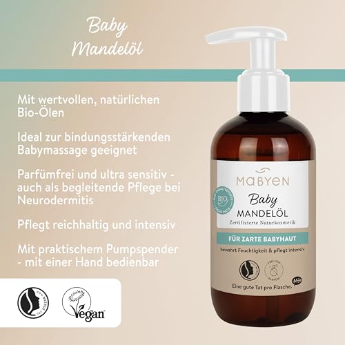 MABYEN Baby Pflegeöl Mandel – Pflege- & Massageöl für Babys, parfümfrei & Ultra sensitiv, mit Bio-Mandelöl, Jojobaöl & Pflaumenkernöl, für Babypflege & Babymassage, 200 ml
