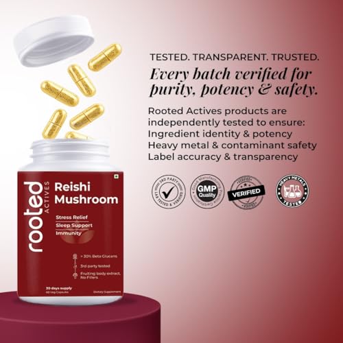 Image of Rooted Active's Reishi Mushroom Capsules - Heart & Immune Health Support Supplement with Organic Ganoderma Lucidum | Support Energy, Mood, Sleep & Overall Well-Being - 60 Vegetarian Capsules