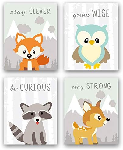 CHDITB Woodland Animals Art Print, Adorable Fox Owl Racoon Deer Wall Art Painting, Set of 4(8x10inches) Canvas Cartoon Inspirational Forest Animal Picture for Kids Room Nursery Decor