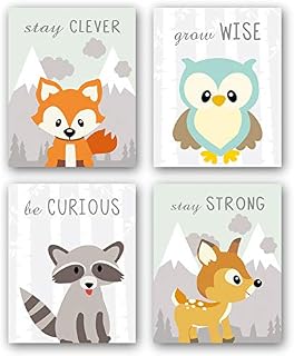 Unframed Woodland Animals Art Print Adorable Fox Owl Racoon Deer Wall Art Painting,Set