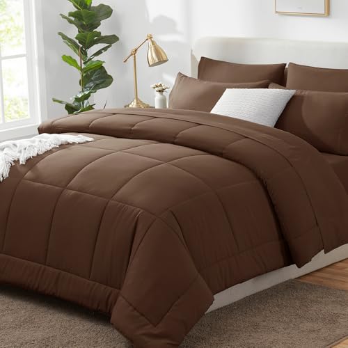 CozyLux Queen Comforter Set Brown, 7 Pieces Bed in a Bag, Brown Comforter Queen Size, All Season Bedding Sets with Stitch Quilted Comforter, Flat Sheet, Fitted Sheet, Pillowcases