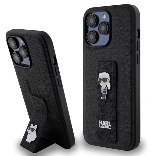 KARL LAGERFELD KLHCP15XGSACHPK Coque pour iPhone 15 Pro Max 6,7" Noir Hardcase Gripstand Saffiano Choupette Pins