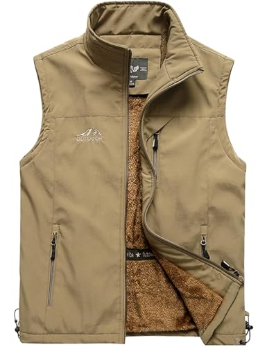 Gihuo Men's Sherpa Fleece Outdoor Vest Winter Fishing Travel Vest Gilet(-Khaki-XL)