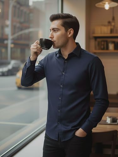 Image of VastraVibes Men's Solid Casual Shirt - Full Sleeve Slim Fit Cotton Blend Button-Down Shirt for Office, Party, Formal