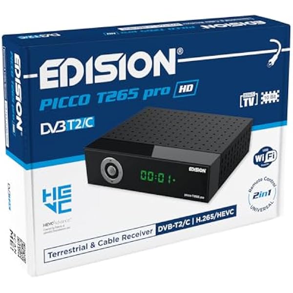 Dekoder dvb-t2 hevc EDISION PICCO T265 pro HD naziemnej i kablowy Odbiornik, DVB-T2/C H.265, FTA, Full HD, PVR, USB, HDMI, SCART, S/PDIF, IR, Obsługa USB WiFi, Uniwersalny pilot 2w1, Zasilacz 2w1