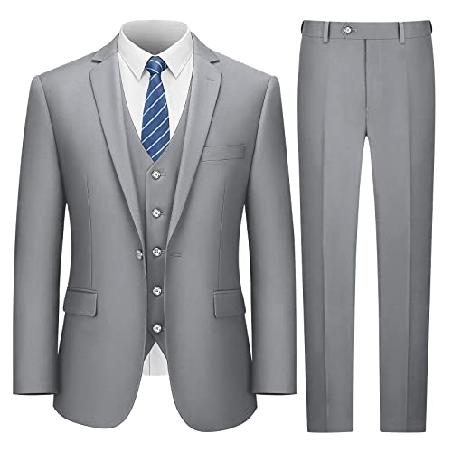 Lupurty Suits For Men, 3 Piece Men's Suit Slim Fit, Solid Jacket Vest Pants With Tie, One Button Tuxedo Set, Light Grey Xl #TOP3