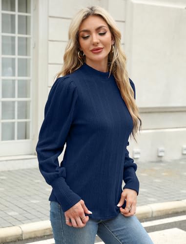 JUSTFASHIONNOW Womens Fall Tops Turtleneck Long Sleeve Shirts Puff Sleeve Sweaters Trendy 2025 Ribbed Knit Pullover Sweater3