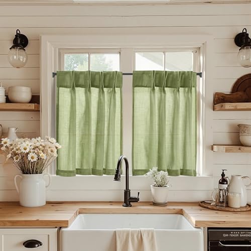 jinchan Tier Curtains Pinch Pleated 26x36 2 Panels Green Linen