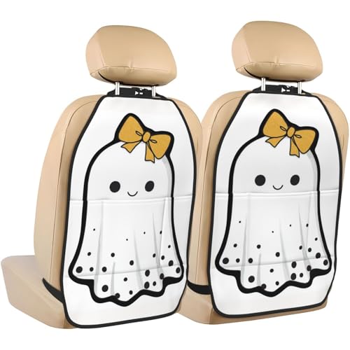 Ghost with Black Polka Dot Bow Car Seat Back Kick Protectors,2 Pack Kick Mats with Storage Pockets for Vehicles to Protect from Dirt Mud Scratches