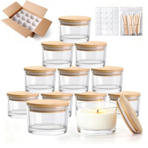 YJHSS 4oz Glass Candle Jars 12-Pack Small Candles Jars for Making Candles Empty Thick Glass Wide-Mouth Jars with Bamboo Lids & Wick Kits Candle Containers Bulk - Clear