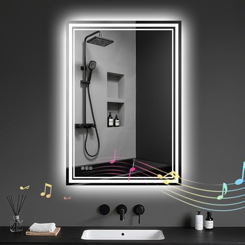 Archaluxe Bathroom Mirror with LED Light: 50x70cm Illuminated Wall Mounted Bluetooth LED-Bathroom-Mirror with Shaver Socket Anti-Fog 3 Colors Dimmable Memory Function Smart Mirror Horizontal/Vertical