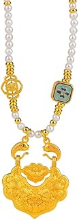 18K Gold Plated Chinese Blessing Pendant Necklace with Imitation Pearls – Traditional Cultural Jewelry for Women