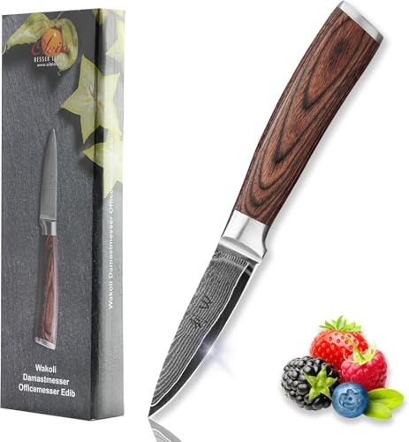 Wakoli EDIB Officemesser aus echtem Damaststahl (VG10 Kern) mit 8,5 cm Klinge – Scharf und handlich – Kleines Küchenmesser, Obstmesser & Gemüsemesser – Damastmesser mit Pakkaholzgriff in Geschenkbox