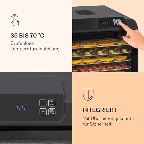 Klarstein Arizona Jerky Dörrautomat - Dörrgerät, Dehydrator, trocknet Obst, Fleisch und Früchte, 500 Watt, 35-70°C, 6 spülmaschinenfeste Einlagefächer, kurze Trockenzeit, Touch-Display, schwarz – Bild 5