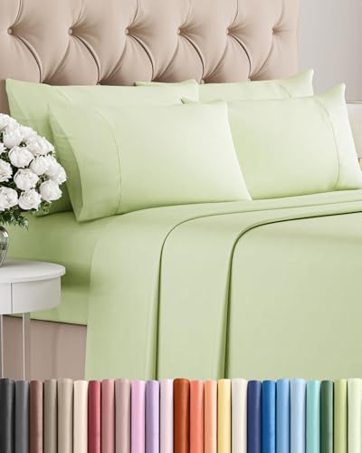 Image of Queen 6 Piece Bed Sheet Set - Soft, Breathable & Cooling - Light Sage Green | Ultra-Soft Hotel Luxury Bedding Set w / 8-16 Inch Deep Pockets, 1 Flat & 1 Fitted Sheet & 4 Pillowcases, Wrinkle & Fade Free