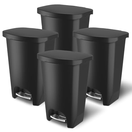 Image of Glad 4 Pack Premium 20 Gal Trash Can, Plastic Kitchen Waste Bin with Odor Protection of Lid, Stainless Steel Foot Pedal and Garbage Bag Rings, Black