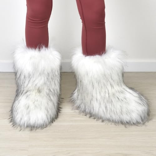 Image of Fashion Fur Boots,Flat Heel Comfy Plush Warm Snow Booties,2025 Winter Outdoors Furry Boots,Mid-Calf Faux fur Boot for Women.