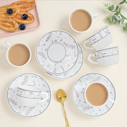 Image of Larah by BOROSIL 140ml Opalware Grandeur Tea /Coffee 6pc Cup & 6pc Saucer Set, Microwave & Dishwasher Safe Embossed Design Crockery Set Ideal for Daily Use & Gifting