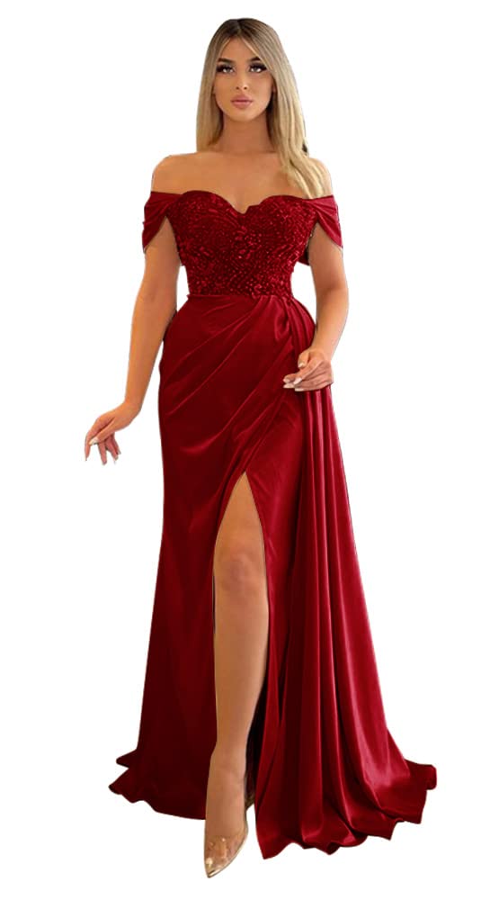Off The Shoulder Beaded Prom Dresses 2023 Mermaid Formal Evening Party Gowns V Neck Slit Bridesmaid Dresses for Women