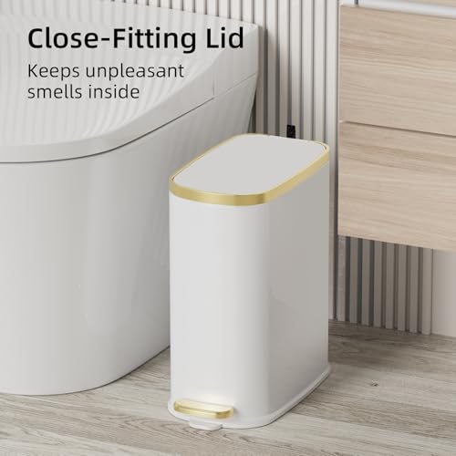 Image of KUK Small Bathroom Trash Can with Lid Soft Close, Step Pedal, 2.6 Gal Stainless Steel Garbage Can with Removable Inner Bucket, Anti-Fingerprint Wastebasket for Office, Bedroom, Toilet (White)
