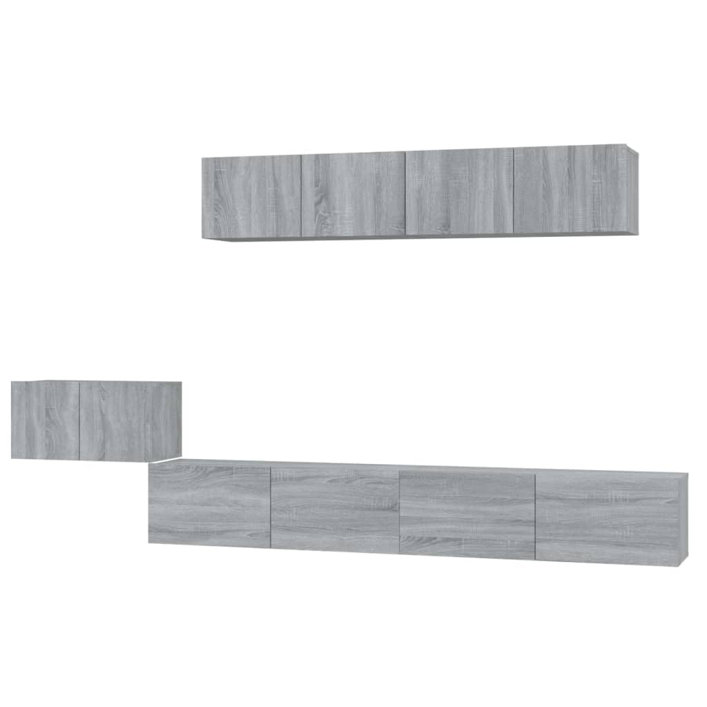 5-TLG. TV-Schrank-Set Grau Sonoma Holzwerkstoff, Wandmontage, Modernes Media Center für Wohnzimmer, Viel Stauraum, Stabil & Feuchtigkeitsbeständig