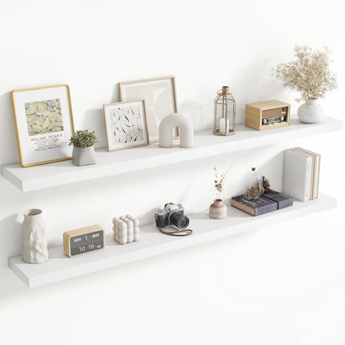 Image of 72 Inch Floating Shelves for Wall, 8 Inch Deep Floating Shelf for Storage & Display, Rustic Wall Mounted Shelf with Invisible Brackets for Living Room, Kitchen, Bathroom, Home Decor, Set of 2, White
