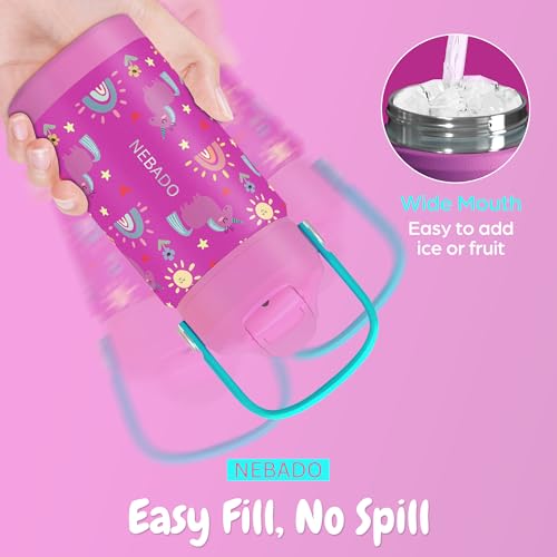 Image of Kids Stainless Steel Insulated Water Bottle with Straw 12oz - Leak Proof Toddler Insulated Cup for School, BPA Free with Handle & Non-Slip Silicone Base, Dishwasher Safe, Whimsical Pink