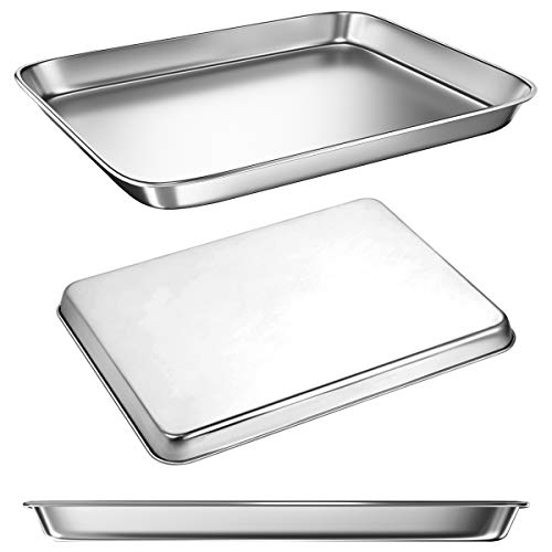 Toaster Oven Tray Baking Pans with Cooling Rack, 12.4 x 9.7 x 1 inch, Stainless Steel Metal Cookie Sheets Set, Sturdy & Heavy Bakeware Sheet Trays Mirror Finish, Dishwasher Safe by EANINNO