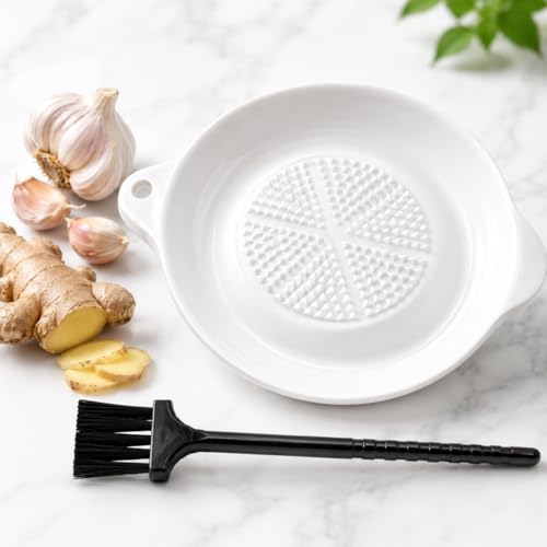 Image of Homeze Ceramic Garlic Grater Plate with Brush | Ginger Grinder, Garlic Crusher & Manual Kitchen Grater Dish | Non-Slip Ceramic Grating Plate for Garlic, Turmeric, Lemon, Fruits & Vegetables