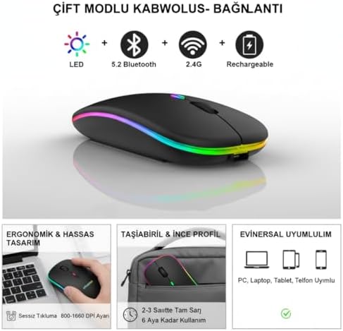 Infomax Kablosuz Mouse, Çift Modlu (Bluetooth 5.0 + 2.4Ghz USB) Şarj Edilebilir RGB Işıklı Sessiz Mouse, PC, Laptop, Macbook, Tablet, iPad, Telefon Uyumlu (BGMS, Siyah) - Görsel 6