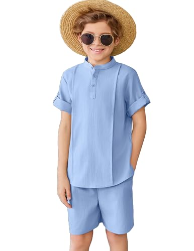 Image of Arshiner Boy's 2 Pieces Linen Sets Short Sleeve Henley Shirt and Shorts Summer Beach Matching Outfits 4-12 Years