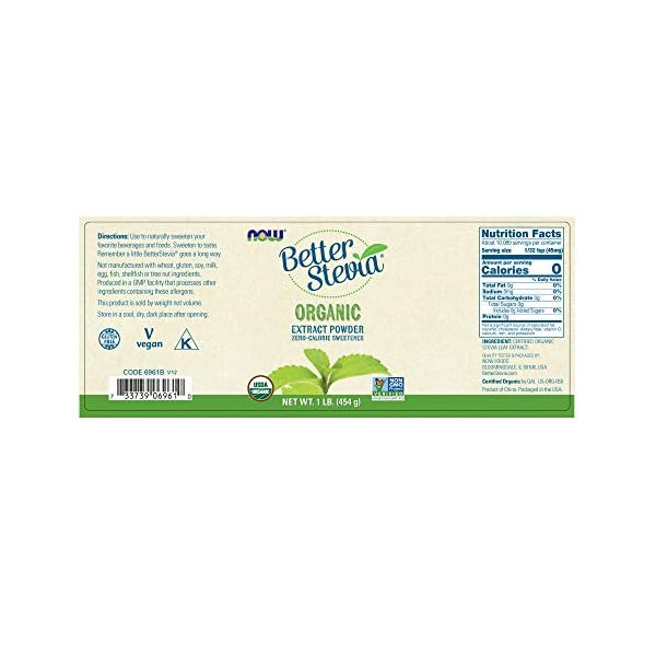NOW Foods BetterStevia Organic Zero-Calorie Extract Powder, Keto Friendly, Suitable for Diabetics, No Erythritol, 1 Pound